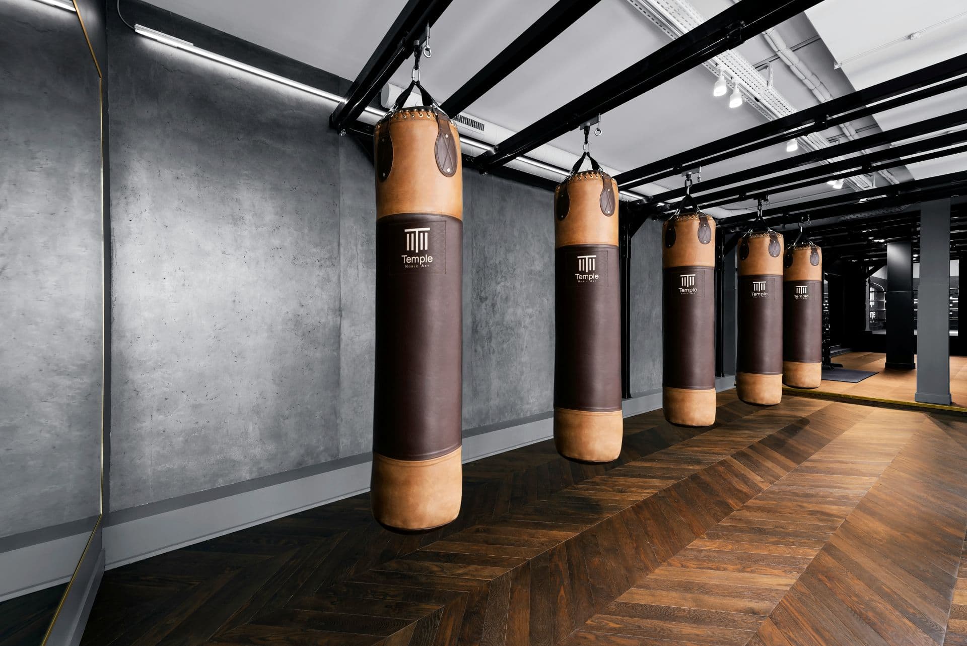 A row of punching bags are lined up in a gymnasium